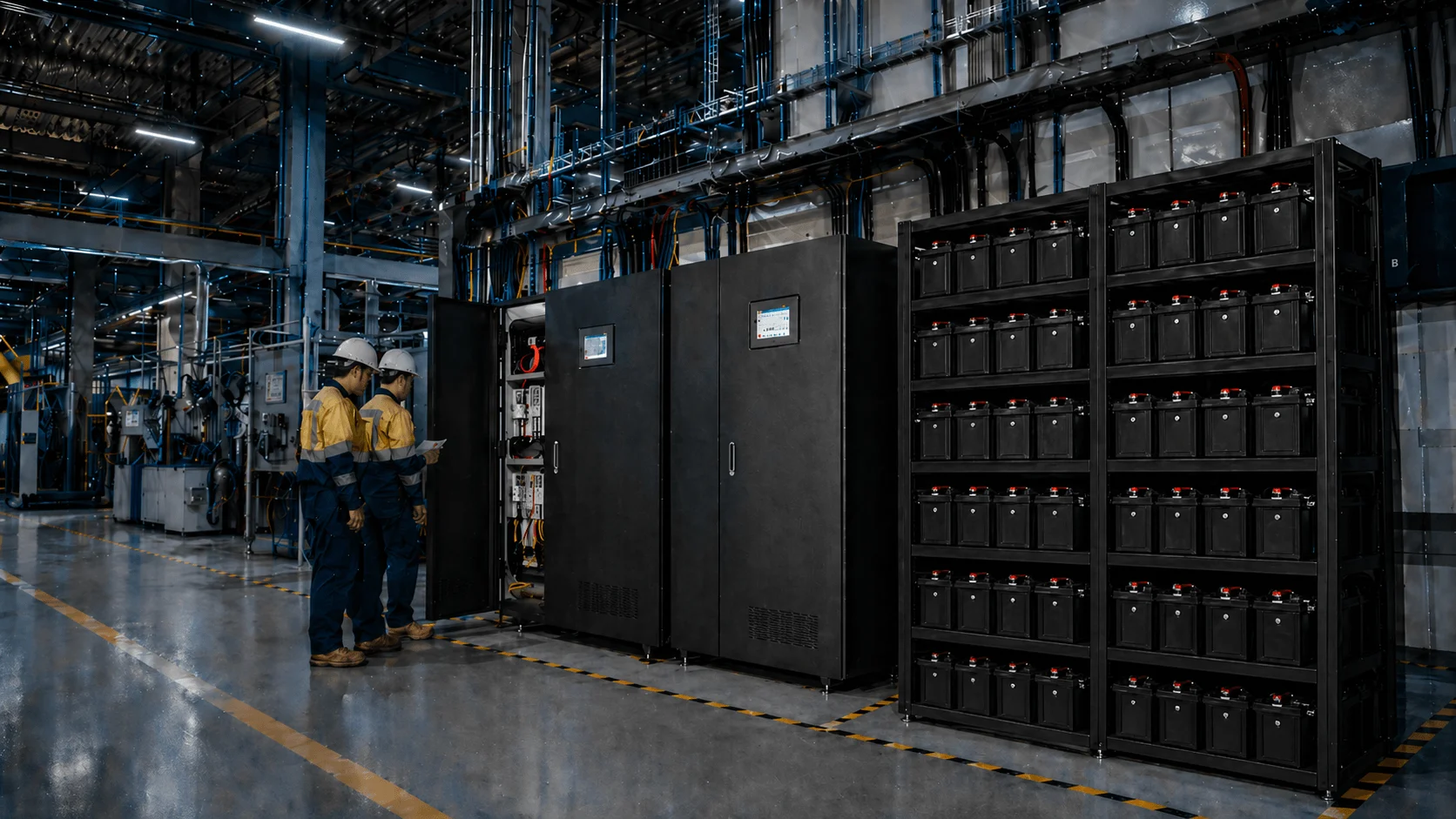 Industrial UPS system providing backup power for automated production line