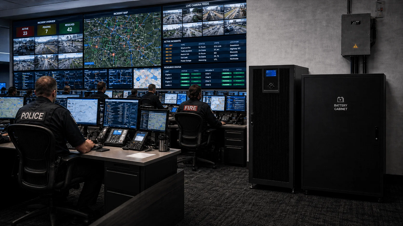 Mobile command center UPS backup power for emergency response communication equipment