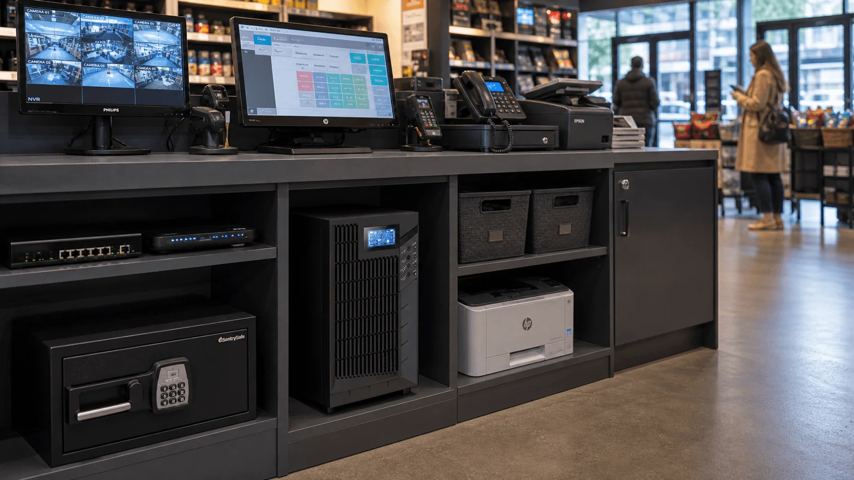 Compact UPS backup power solution for cash register and barcode scanner