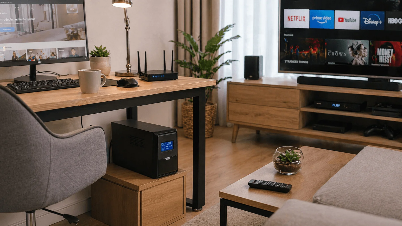 UPS backup power for smart home hub, security camera system, and router