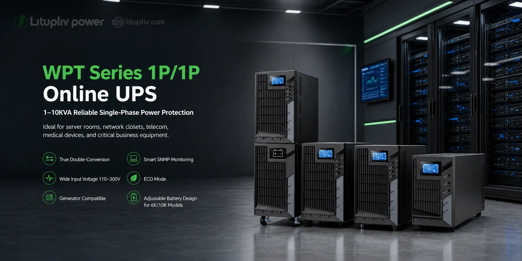 1P/1P online UPS 1kVA to 10kVA with double-conversion power protection for server rooms, telecom, medical devices and critical business equipment