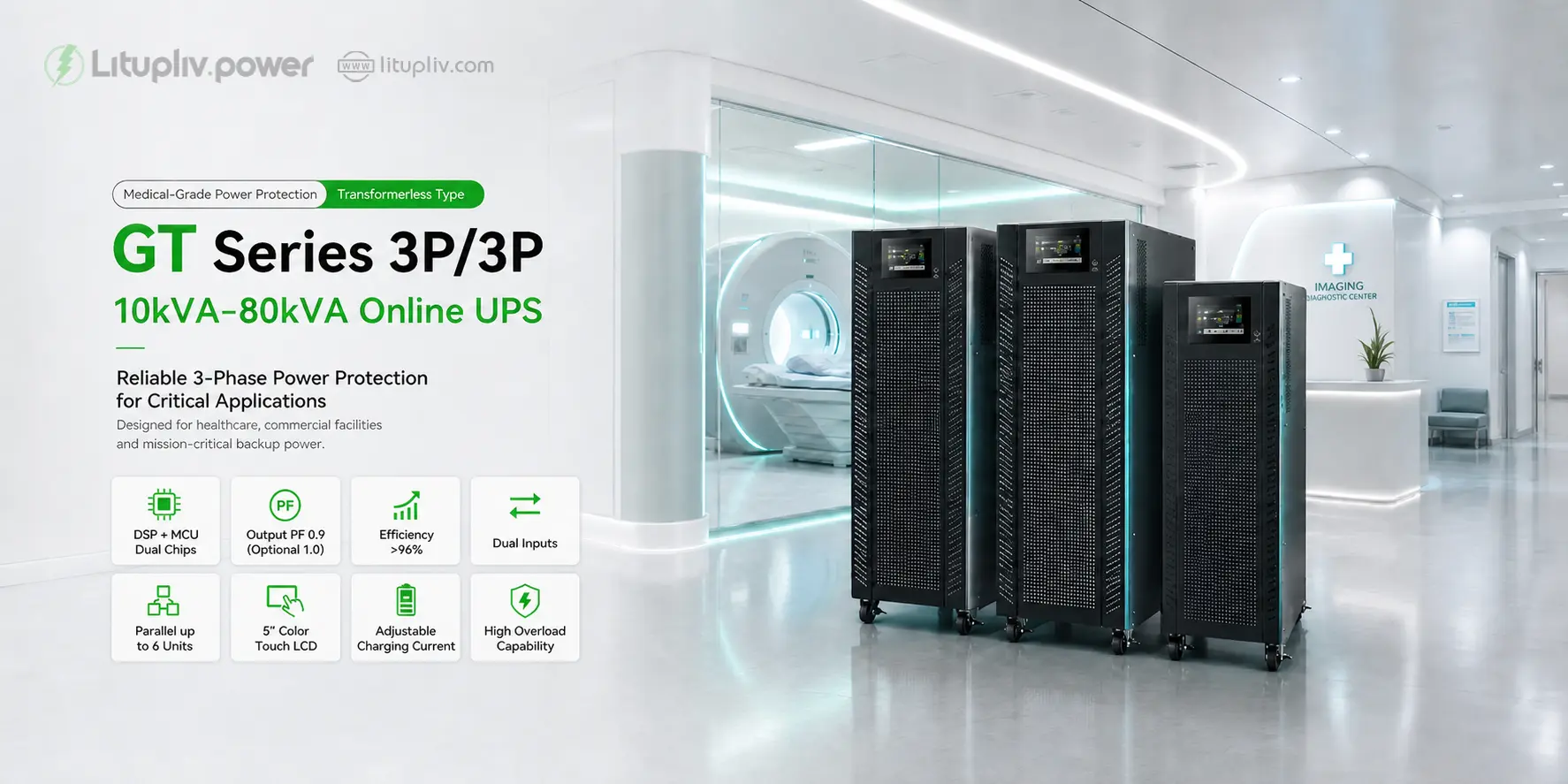 3-phase online UPS 10kVA to 80kVA featuring transformerless design, reliable power protection, dual inputs, parallel operation and medical-grade backup power for critical applications