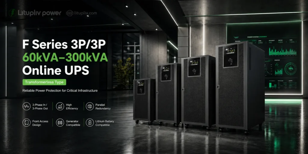 3-phase online UPS 60kVA to 300kVA featuring transformerless design, high efficiency, parallel redundancy, generator compatibility and lithium battery support for critical power infrastructure