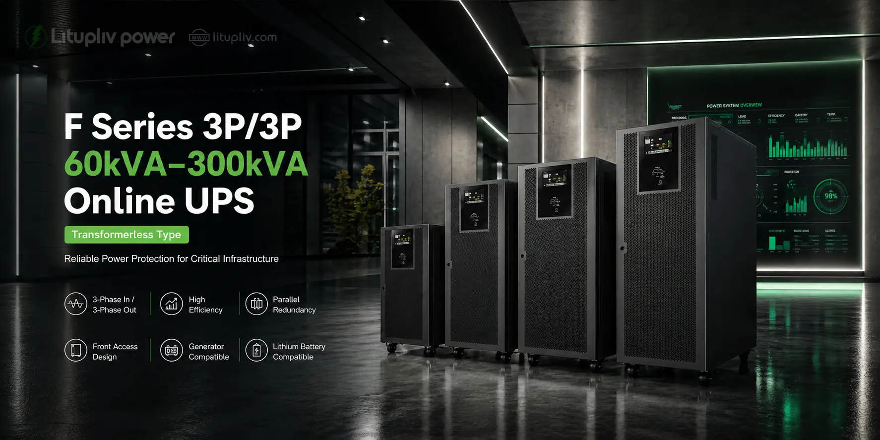 3-phase online UPS 60kVA to 300kVA featuring transformerless design, high efficiency, parallel redundancy, generator compatibility and lithium battery support for critical power infrastructure