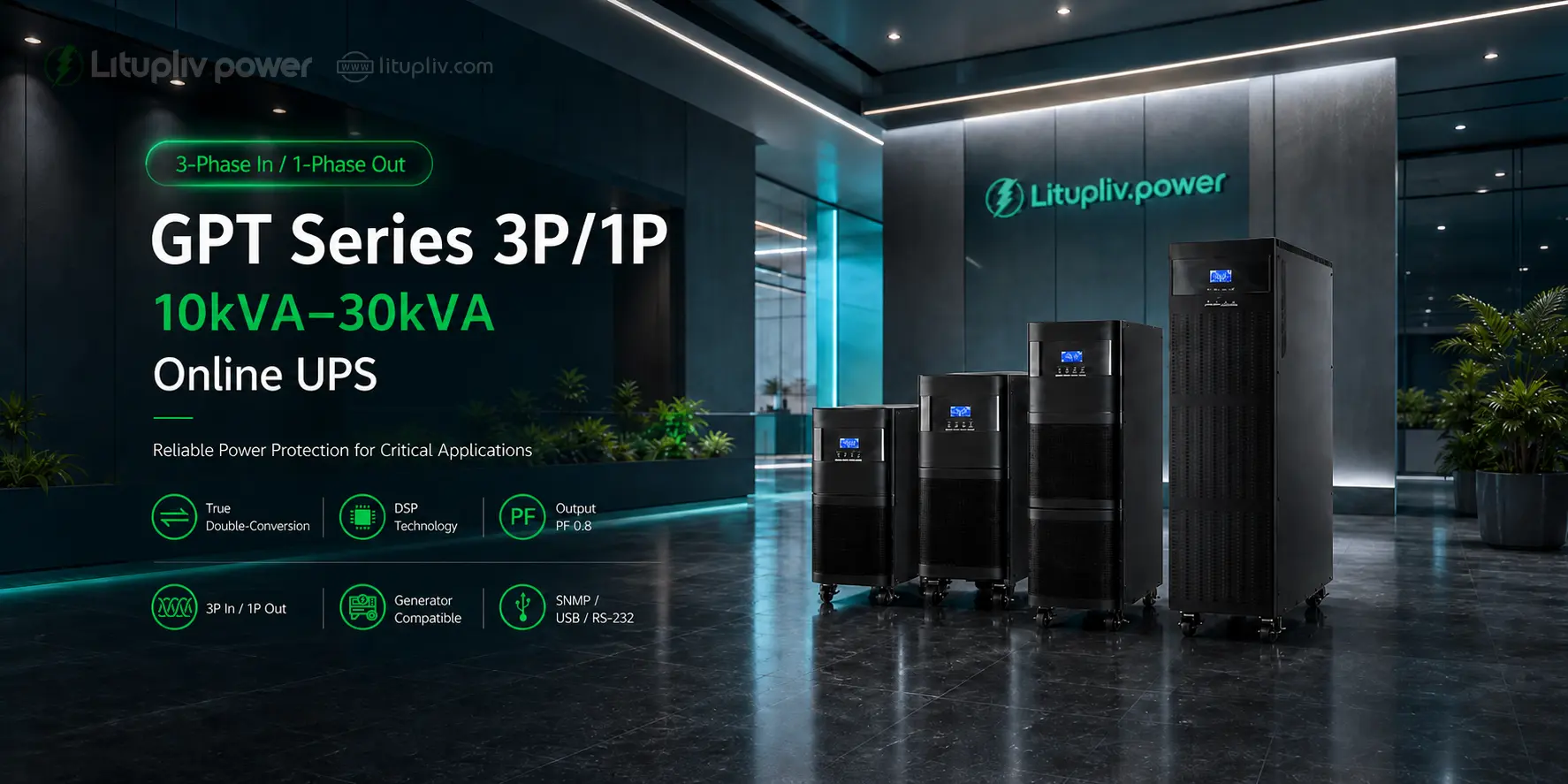 3-phase input and 1-phase output online UPS 10kVA to 30kVA featuring double-conversion technology, DSP control, generator compatibility and SNMP monitoring