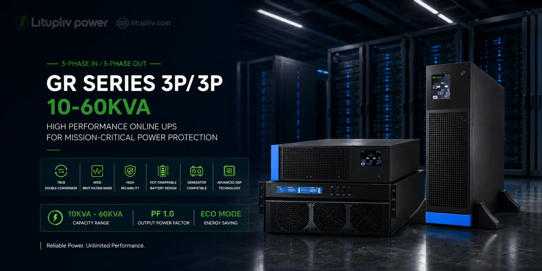 3P/3P rack-mount online UPS 10kVA to 60kVA featuring double-conversion power protection, pure sine wave output, ECO mode and generator compatibility for critical power applications