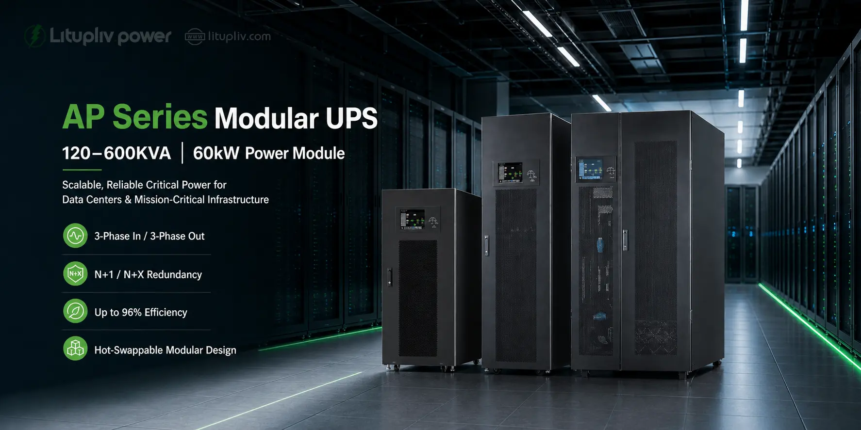 Modular UPS 120kVA to 600kVA with 60kW power modules, 3-phase power protection, high efficiency, N+1 redundancy and hot-swappable design for data centers