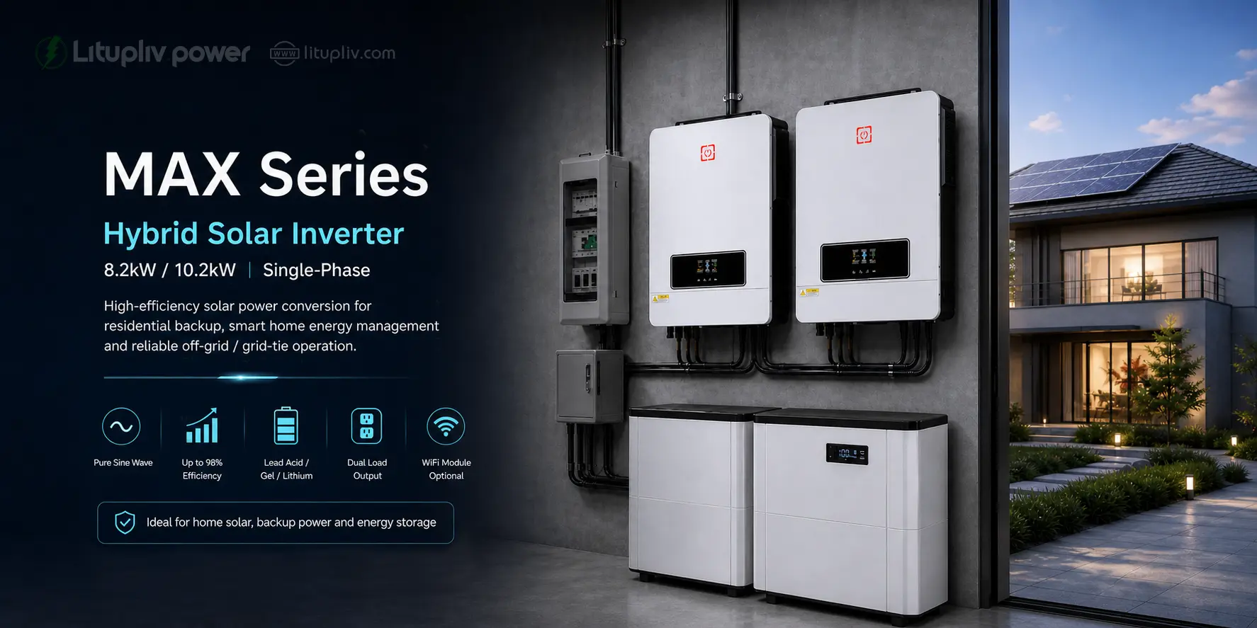 Single-phase hybrid solar inverter 8.2kW to 10.2kW with pure sine wave output, lithium battery support, dual load output and optional WiFi monitoring for residential solar energy storage